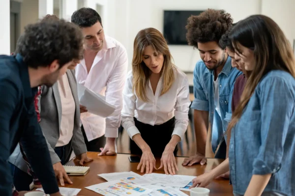 Leader conducting a team meeting with others surrounded in a circle
