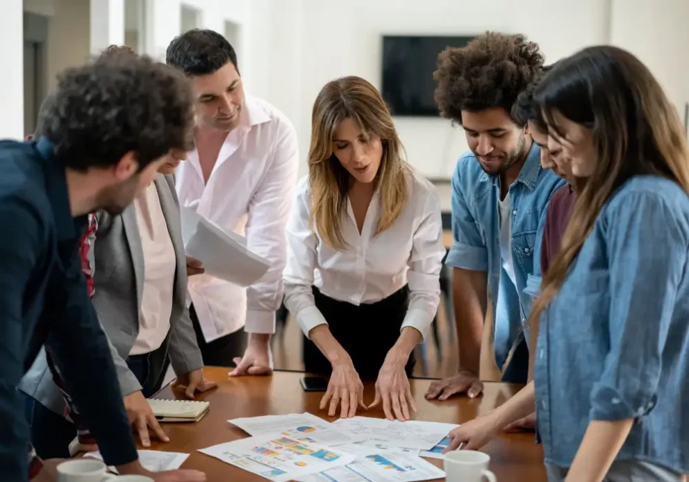 Leader conducting a team meeting with others surrounded in a circle