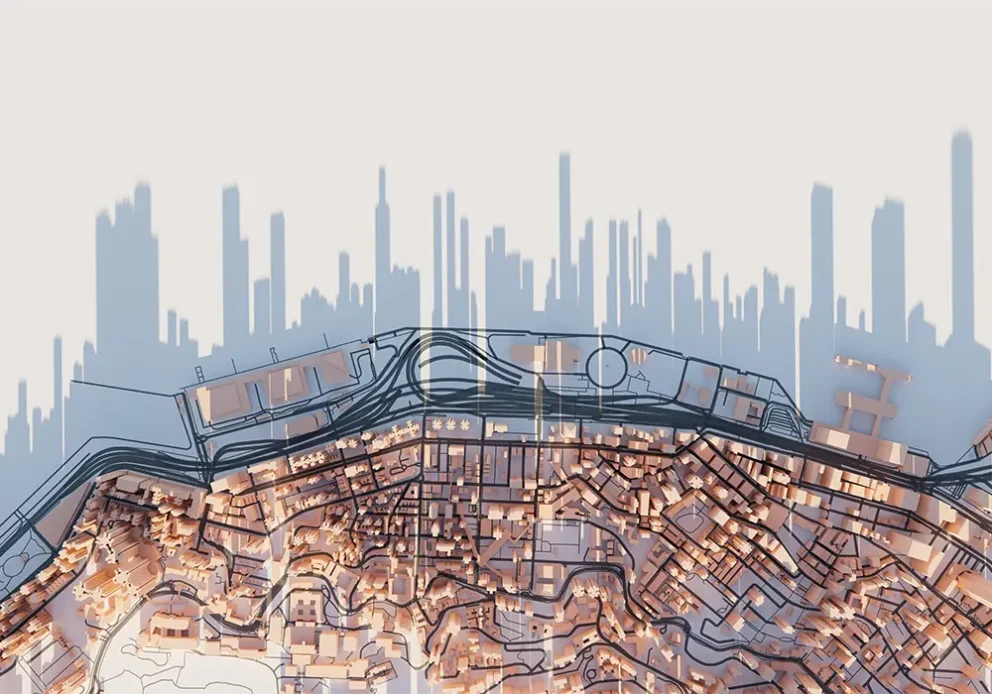 Top down view of a miniature 3D city. Architecture, construction and engineering background. 3D rendering.
