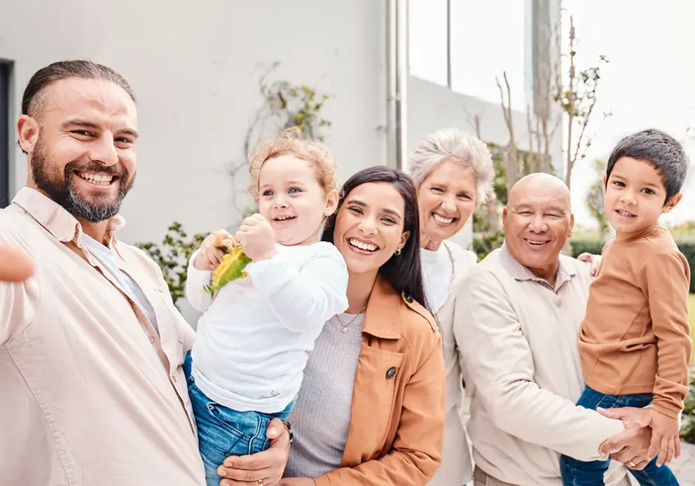 Selfie, family or love with parents, kids and grandparents posing for a picture outdoor in the home backyard. Photograph, social media or bonding with a man outside with senior relatives and children.