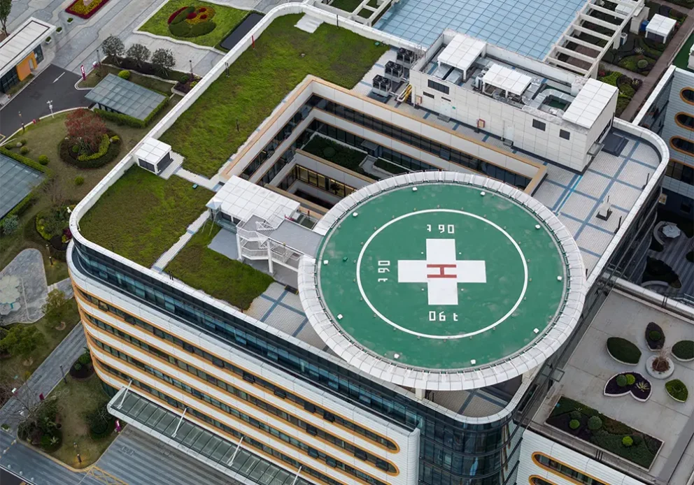 A helipad looking down on the rooftop.