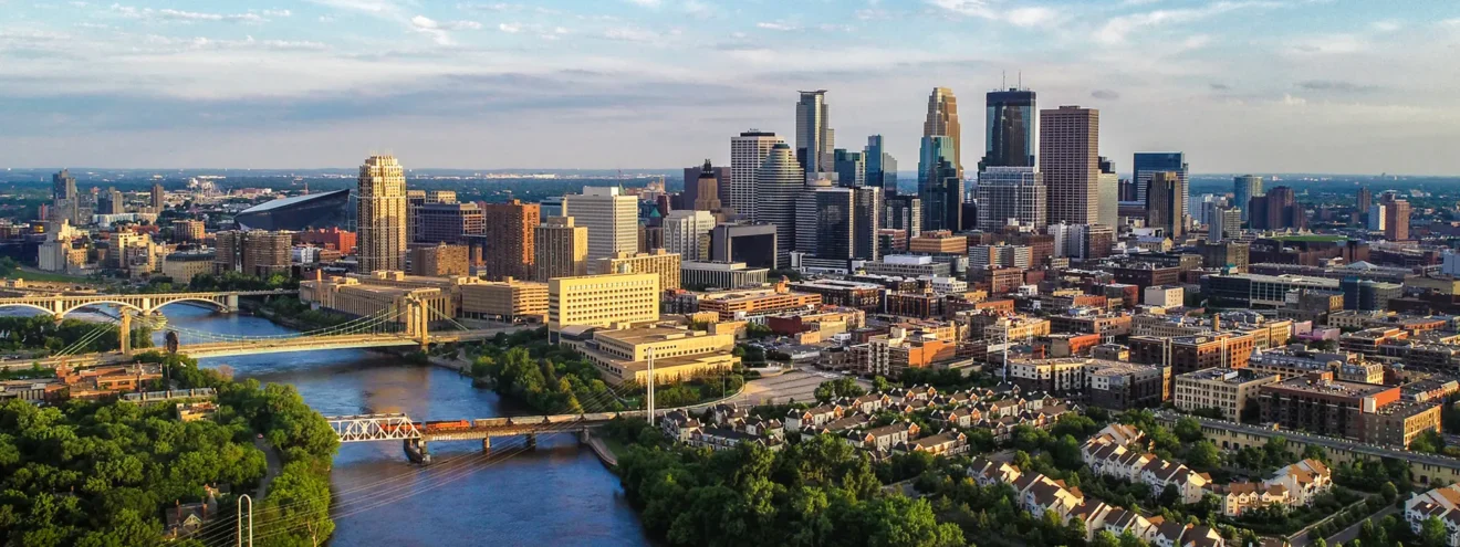 Aerial View of Minneapolis and the Mississippi river in summer.
