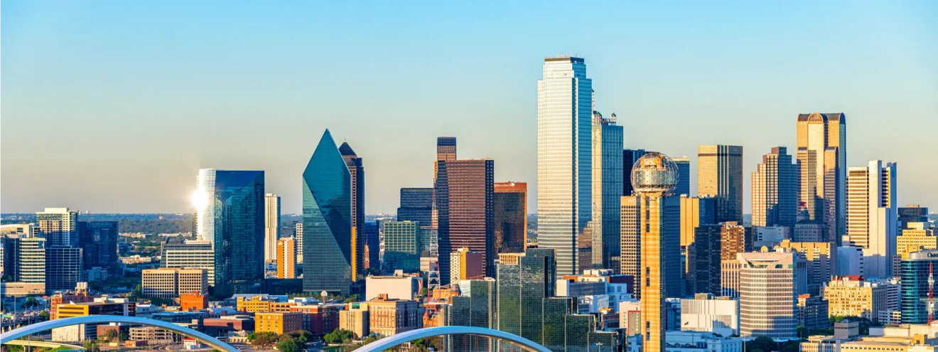 Beautiful downtown Dallas, Texas arial view at dusk on an early spring evening.
