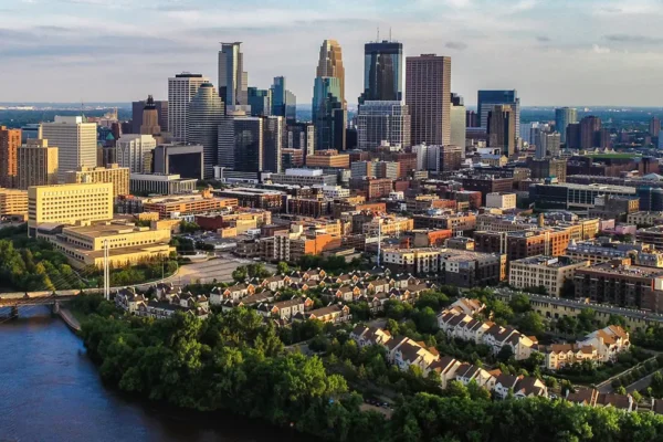Aerial View of Minneapolis and the Mississippi river in summer.