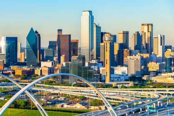 Beautiful downtown Dallas, Texas arial view at dusk on an early spring evening.